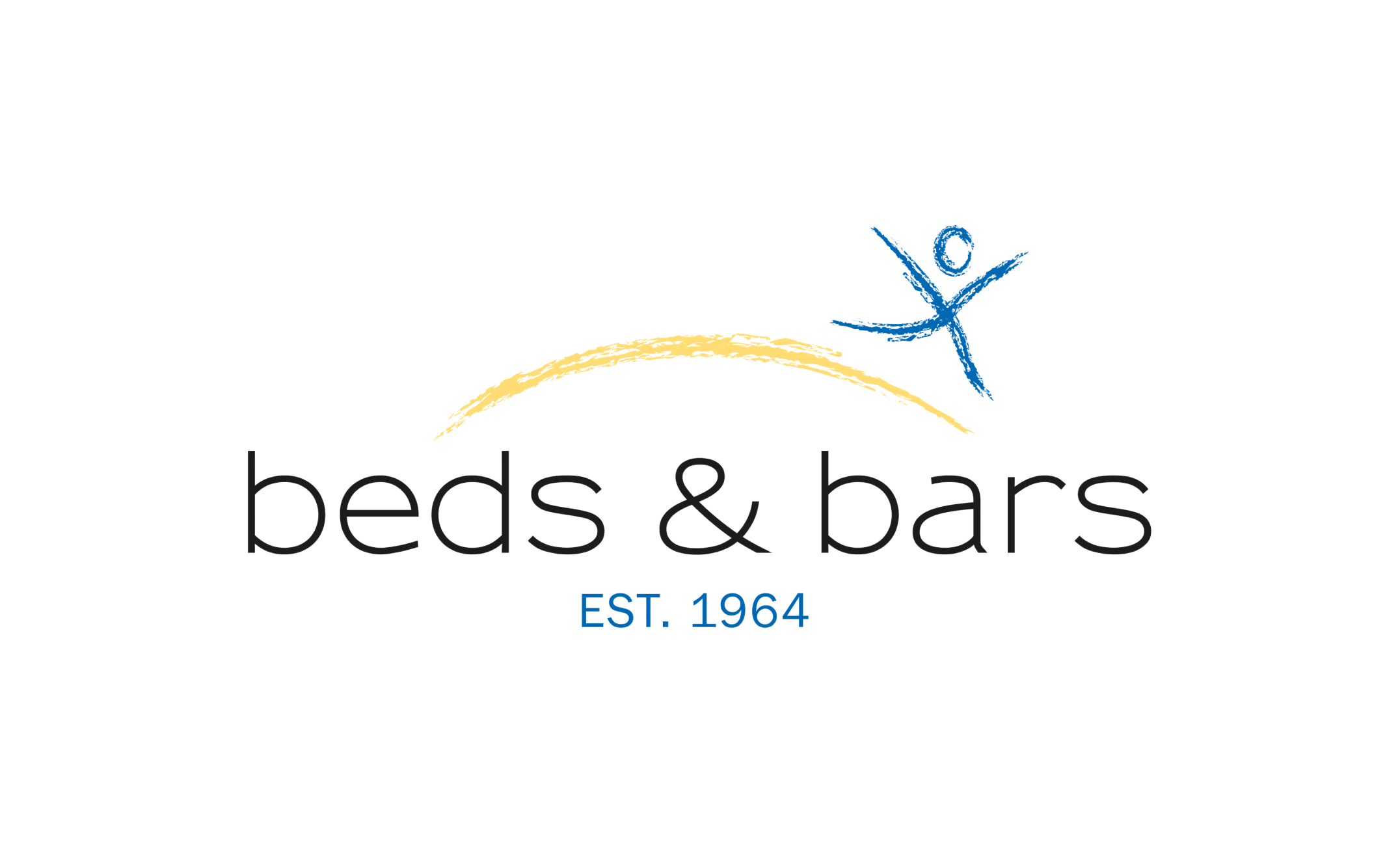 Beds & Bars logo with a yellow arc, blue stick figure above, and text beds & bars below. EST. 1964 is written in blue beneath the main text. White background.