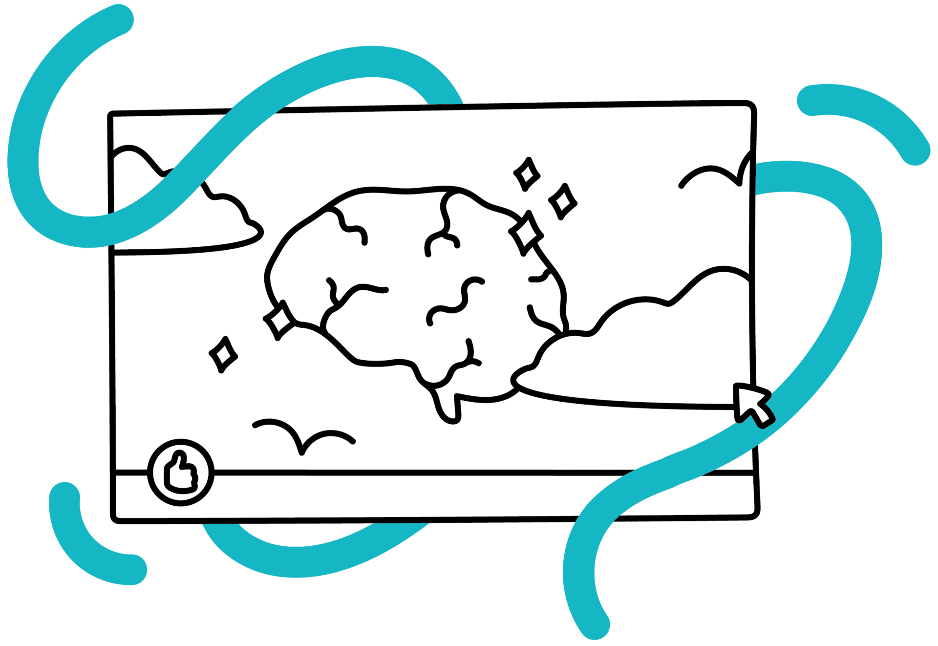 Black and white drawing of a brain on a screen with clouds, a cursor, a thumbs-up icon, and blue abstract lines looping around and behind the image.