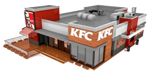 3D rendering of a modern KFC restaurant with outdoor seating, large KFC signs, glass windows, red and grey accents, and rooftop air conditioning units.