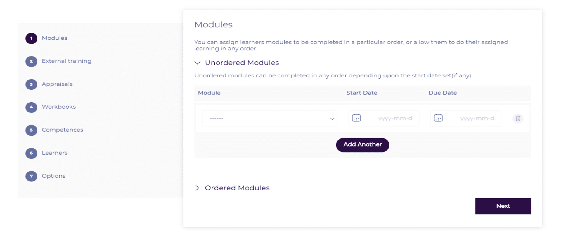 A user interface for adding learning modules, displaying fields for module name and start/end dates, with options to add another module or proceed to the next step. Sidebar menu includes Modules, Training, Appraisals, and more.