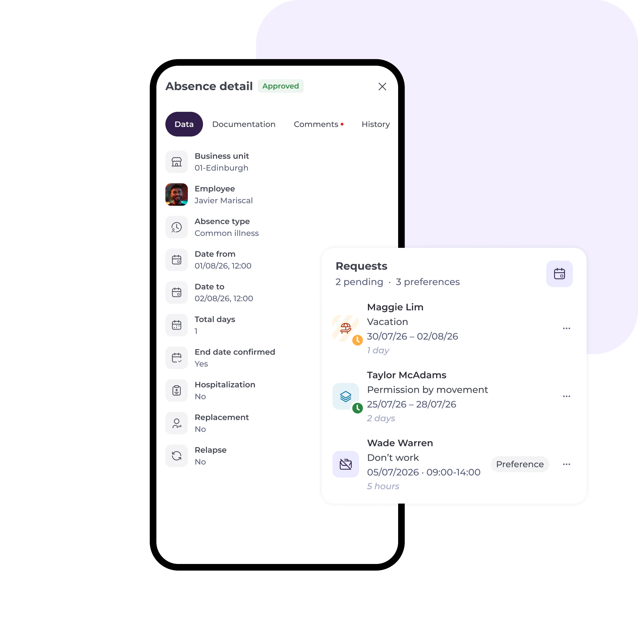 A mobile app screen shows absence details for an employee and lists requests for absence, including holiday and hospitalisation, with dates, names, and approval status—making it easy for an operations manager to efficiently oversee staff using hospitality software.