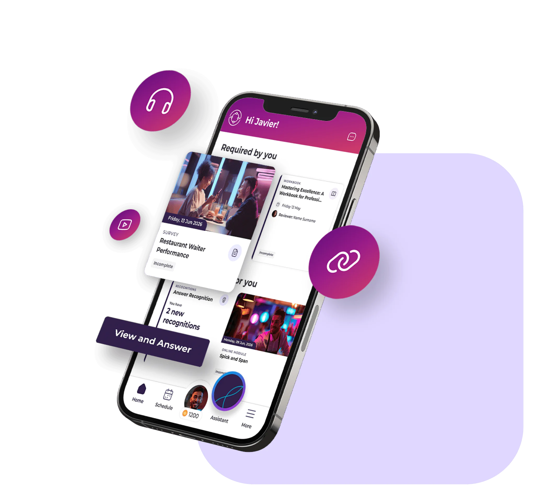 A smartphone displays an app with event reminders, recognitions, and navigation icons—perfect for operations manager hospitality software needs. Floating icons for music and linking are around the phone on a purple and white background.