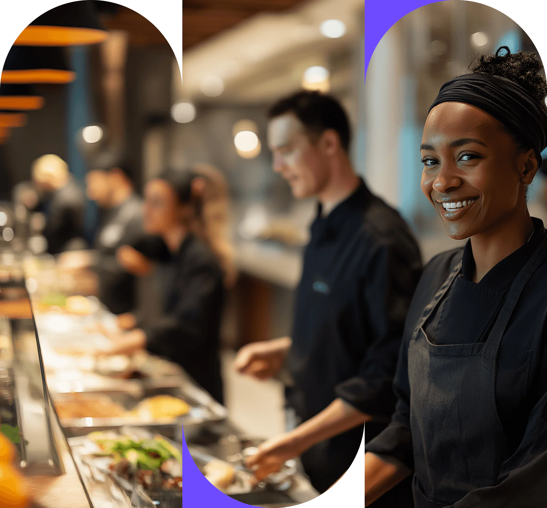 A smiling woman in a black chef’s uniform stands at a buffet queue, demonstrating contract catering efficiency solutions alongside kitchen staff.