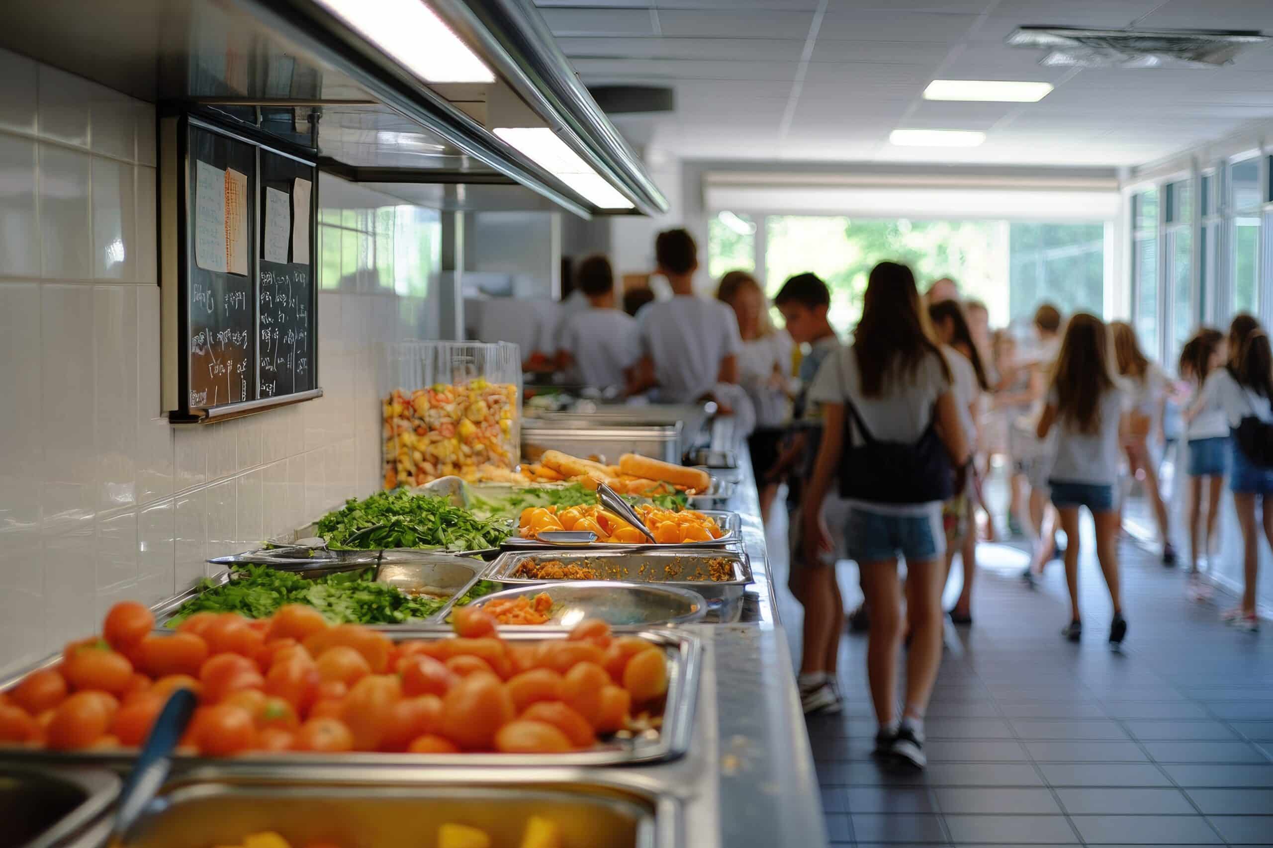 Une cantine scolaire où sont disposés sur le comptoir des plateaux de plats frais, notamment des tomates et de la salade. À l'arrière-plan, des élèves en tenue décontractée se promènent et se regroupent.