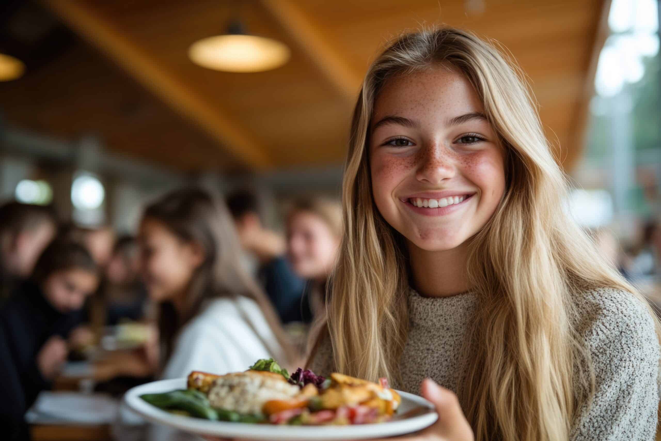 Une jeune femme souriante aux longs cheveux blonds tient une assiette de nourriture dans une cafétéria ou un restaurant animé et chaleureusement éclairé, avec des gens assis en train de manger en arrière-plan.