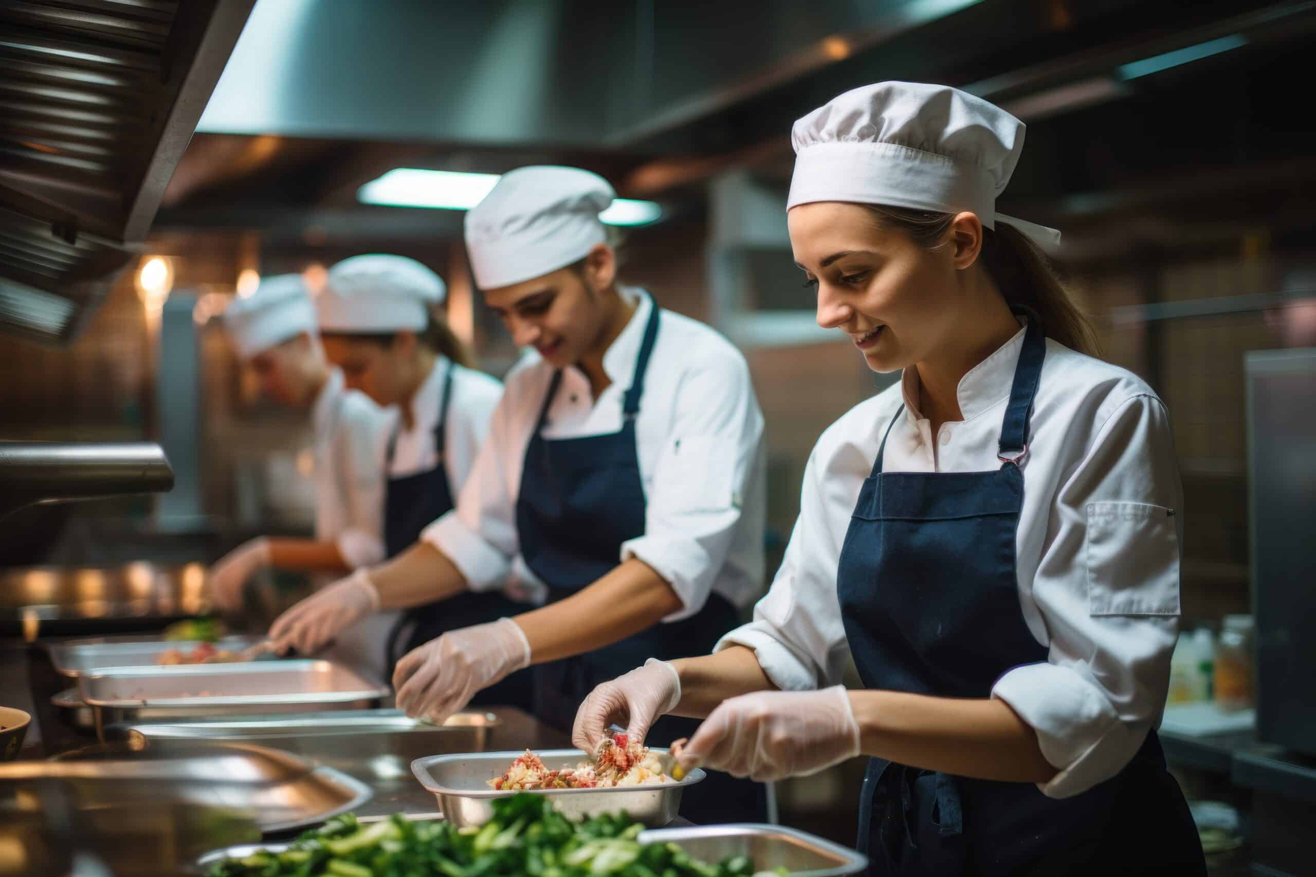 Quatre chefs, vêtus d'uniformes blancs et coiffés de toques, préparent des plats dans une cuisine professionnelle, concentrés sur leur travail devant un plan de travail en inox où sont disposés des légumes frais et divers ingrédients.