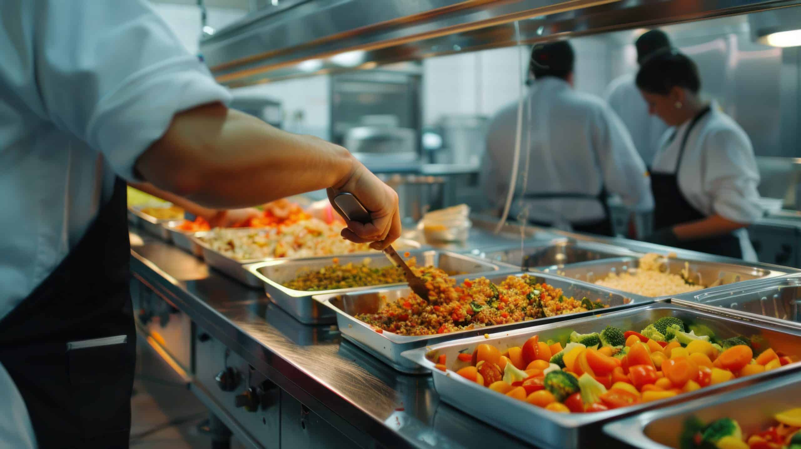 Dans une cuisine de type cantine, un chef sert des plats à partir de plateaux remplis de mets variés et colorés, tandis que d'autres membres du personnel de cuisine s'affairent en arrière-plan.