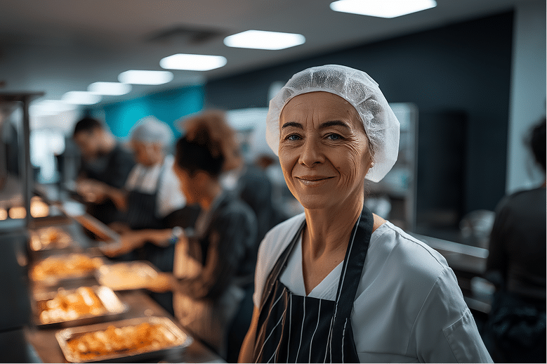 Une femme souriante, coiffée d'un filet à cheveux et vêtue d'un uniforme, se tient dans la cuisine d'une cafétéria, tandis qu'en arrière-plan, d'autres membres du personnel servent les repas.