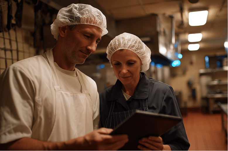 Deux personnes portant des charlottes et des uniformes se tiennent dans une cuisine professionnelle, les yeux rivés sur une tablette numérique, probablement en train de consulter une recette ou des instructions.