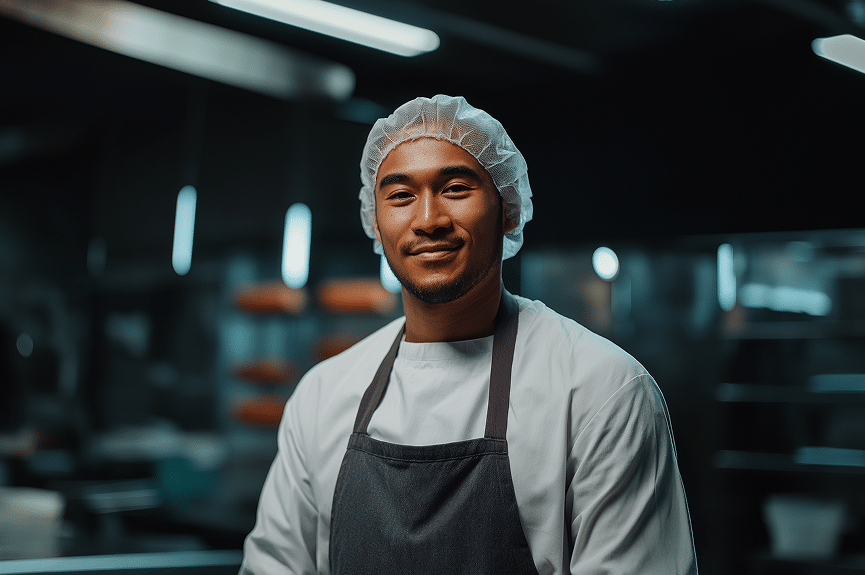 Un chef, vêtu d'un uniforme blanc, d'un tablier gris et d'une charlotte, se tient debout dans une cuisine professionnelle et sourit à la caméra, avec du matériel de cuisine flou en arrière-plan.