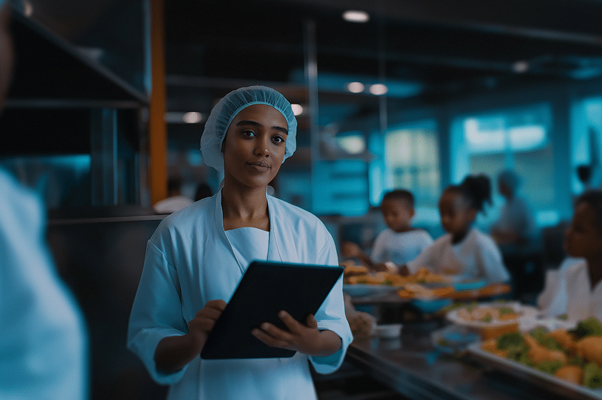 Dans une cuisine, une femme portant un filet à cheveux et une tenue blanche tient une tablette, tandis qu'à l'arrière-plan, des enfants reçoivent leur repas sur des plateaux.