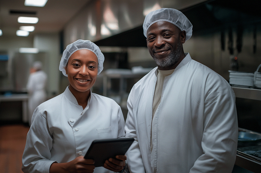 Deux chefs, vêtus d'uniformes blancs et portant des filets à cheveux, se tiennent côte à côte dans une cuisine professionnelle et sourient à la caméra. L'un d'eux tient une tablette. On aperçoit du matériel en inox à l'arrière-plan.