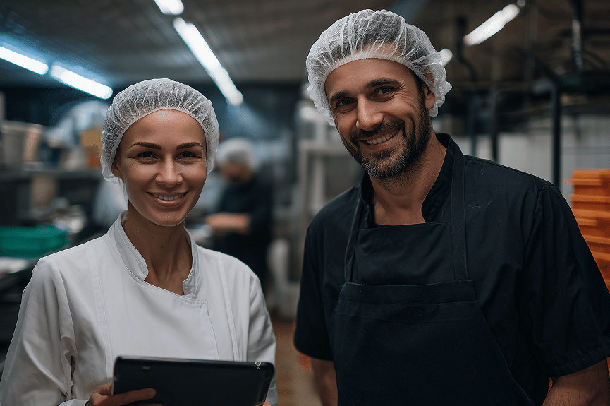 Deux chefs, coiffés de charlottes et vêtus d'uniformes, sourient à la caméra dans une cuisine professionnelle. L'un d'eux tient une tablette, et on aperçoit du matériel de cuisine à l'arrière-plan.