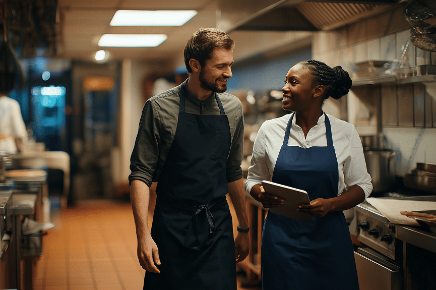 Deux chefs, dont l'un tient une tablette, sourient et marchent côte à côte dans une cuisine professionnelle équipée d'appareils en inox et dont les murs sont carrelés, ce qui suggère un environnement de travail collaboratif et convivial.