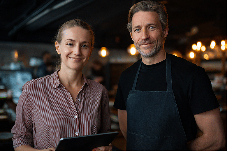 Deux adultes souriants se tiennent côte à côte dans un restaurant à l'éclairage chaleureux. La femme tient une tablette et porte un t-shirt rayé ; l'homme a les cheveux gris, une barbe et porte un tablier noir par-dessus un t-shirt noir.