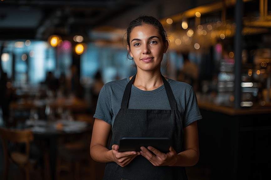 Une femme vêtue d'un tablier foncé et tenant une tablette se tient debout dans un restaurant à l'éclairage chaleureux, regardant la caméra avec un léger sourire. À l'arrière-plan, on aperçoit des tables, des chaises et des suspensions lumineuses, légèrement floues.