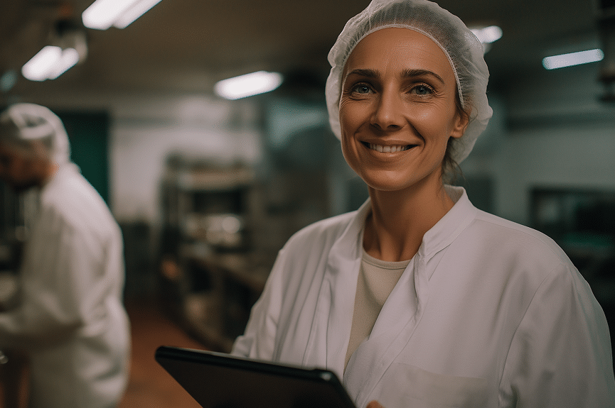 Une femme vêtue d'une blouse blanche de laboratoire et d'un filet à cheveux sourit, une tablette à la main, dans une cuisine professionnelle, tandis qu'une autre personne travaille à l'arrière-plan.
