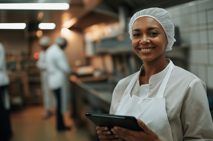 Un chef souriant, vêtu d'un uniforme blanc et d'une charlotte, tient une tablette dans une cuisine professionnelle, tandis que d'autres chefs s'affairent à l'arrière-plan.