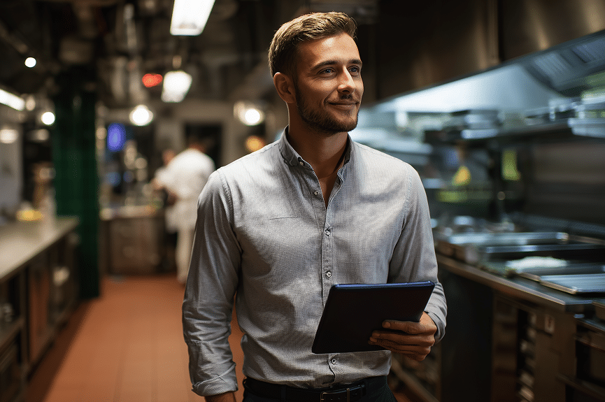 Un homme vêtu d'une chemise bleu clair tient une tablette et sourit, debout dans une cuisine professionnelle, avec des chefs à l'œuvre en arrière-plan et des plans de travail en inox visibles.