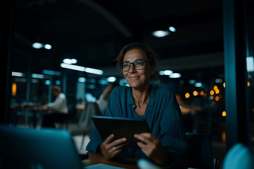 Une femme à lunettes sourit, une tablette à la main, dans un bureau en soirée ; sur le bureau se trouvent un ordinateur portable et des documents, tandis que des collègues travaillent en arrière-plan.