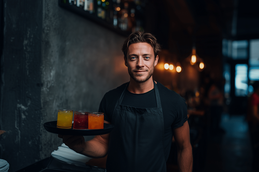 Un serveur souriant, vêtu d'une chemise noire et d'un tablier, tient un plateau sur lequel sont posées trois boissons colorées ; il se tient debout dans un bar ou un restaurant moderne, faiblement éclairé.