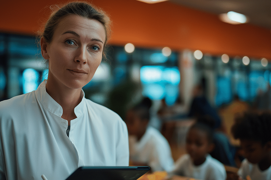 Une femme en blouse blanche tient une tablette et regarde l'objectif. À l'arrière-plan, flou, des enfants sont assis à des tables dans ce qui semble être une salle de classe ou une cantine.