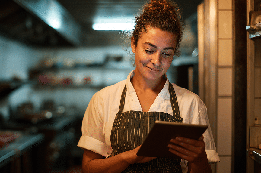Une femme vêtue d'un tablier rayé et d'une chemise blanche se tient debout dans une cuisine, souriante, les yeux rivés sur une tablette numérique. L'arrière-plan est légèrement flou ; on distingue des étagères et des ustensiles de cuisine.