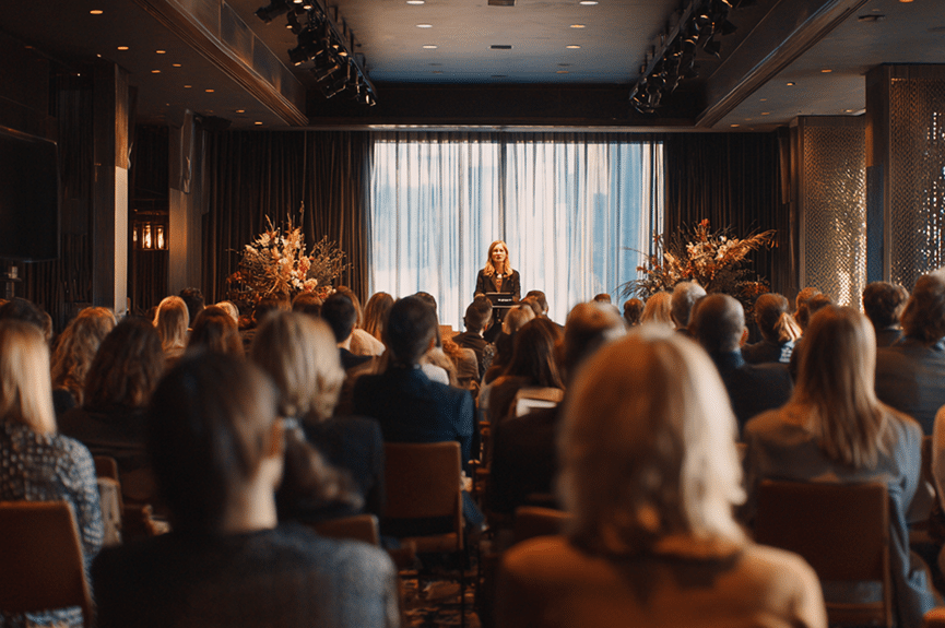Une femme se tient debout derrière un pupitre et s'adresse à un public assis dans une salle de conférence moderne et bien éclairée, dotée de grandes baies vitrées et de compositions florales.
