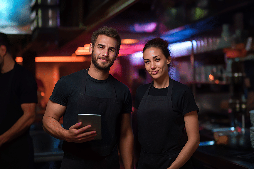 Deux employés de restaurant, vêtus d'uniformes noirs, se tiennent dans une cuisine faiblement éclairée et sourient à la caméra. L'un d'eux tient une tablette numérique. À l'arrière-plan, on aperçoit des étagères, des lampes et du matériel de cuisine.