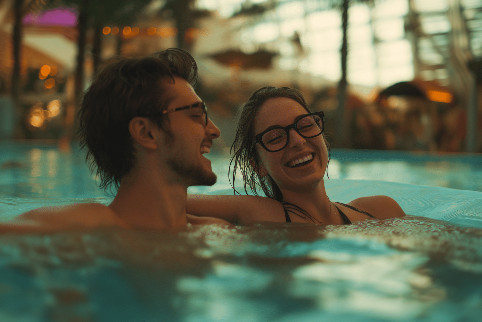 Un jeune homme et une jeune femme, tous deux à lunettes, sourient et rient ensemble tout en se détendant dans la piscine d'un complexe hôtelier couvert, entourés de palmiers et baignés d'une lumière chaleureuse.