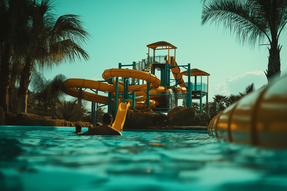 Un parent et son enfant nagent près d'un grand toboggan aquatique aux couleurs vives, entouré de palmiers, dans un parc aquatique en plein air. Le ciel est dégagé et l'eau scintille sous les rayons du soleil.