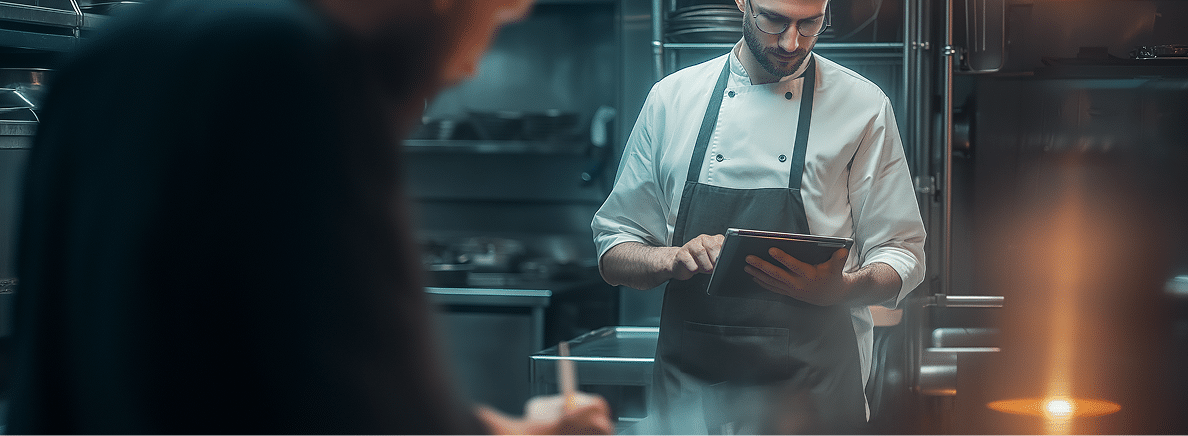 Dans une cuisine moderne, un chef porte une veste blanche et un tablier foncé tout en utilisant une tablette. Au premier plan, on aperçoit, floue, une autre personne tenant un ustensile.