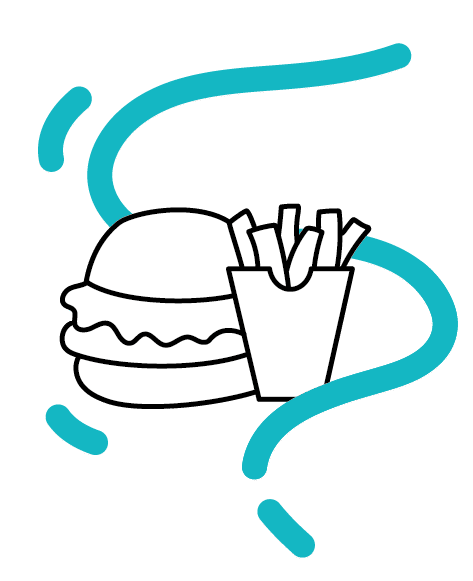 Un simple dessin en noir et blanc représentant un hamburger et des frites, avec deux lignes courbes de couleur bleu sarcelle qui s'enroulent autour des aliments sur un fond clair.