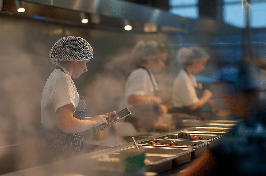 Une cuisinière, coiffée d'un filet à cheveux et vêtue d'un tablier, utilise une tablette dans une cuisine animée et pleine de vapeur, avec des plateaux d'ingrédients devant elle et deux autres cuisiniers qui travaillent en arrière-plan.