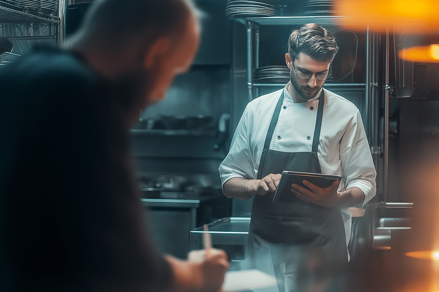 Un chef en veste blanche utilise une tablette dans une cuisine professionnelle, tandis qu'une autre personne prend des notes sur un bloc-notes au premier plan. À l'arrière-plan, on aperçoit des étagères sur lesquelles sont disposées des assiettes et du matériel de cuisine.