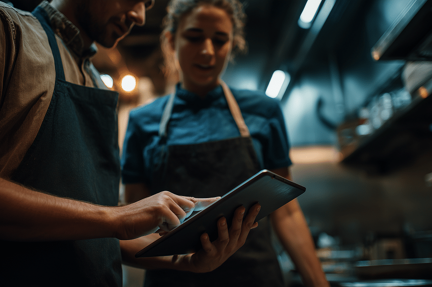 Deux personnes portant des tabliers se tiennent dans une cuisine faiblement éclairée, les yeux rivés sur une tablette que l'une d'elles tient à la main et sur laquelle elle fait glisser ses doigts, ce qui laisse penser qu'elles consultent ensemble des commandes ou des recettes.