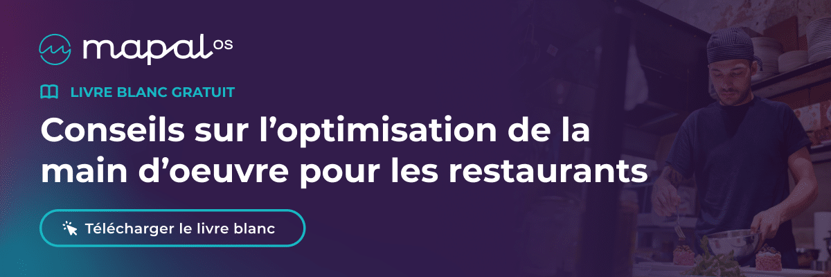 Bannière en français proposant un livre blanc gratuit sur l'optimisation des effectifs dans la restauration, avec un chef en train de travailler à droite et un bouton intitulé « Télécharger le livre blanc » à gauche.