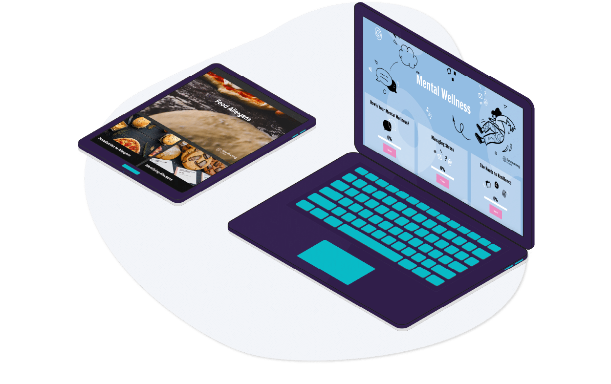 Une tablette sur laquelle s'affiche une application de livraison de repas et un ordinateur portable sur lequel s'affiche une page web consacrée au bien-être mental sont posés côte à côte sur une surface blanche.