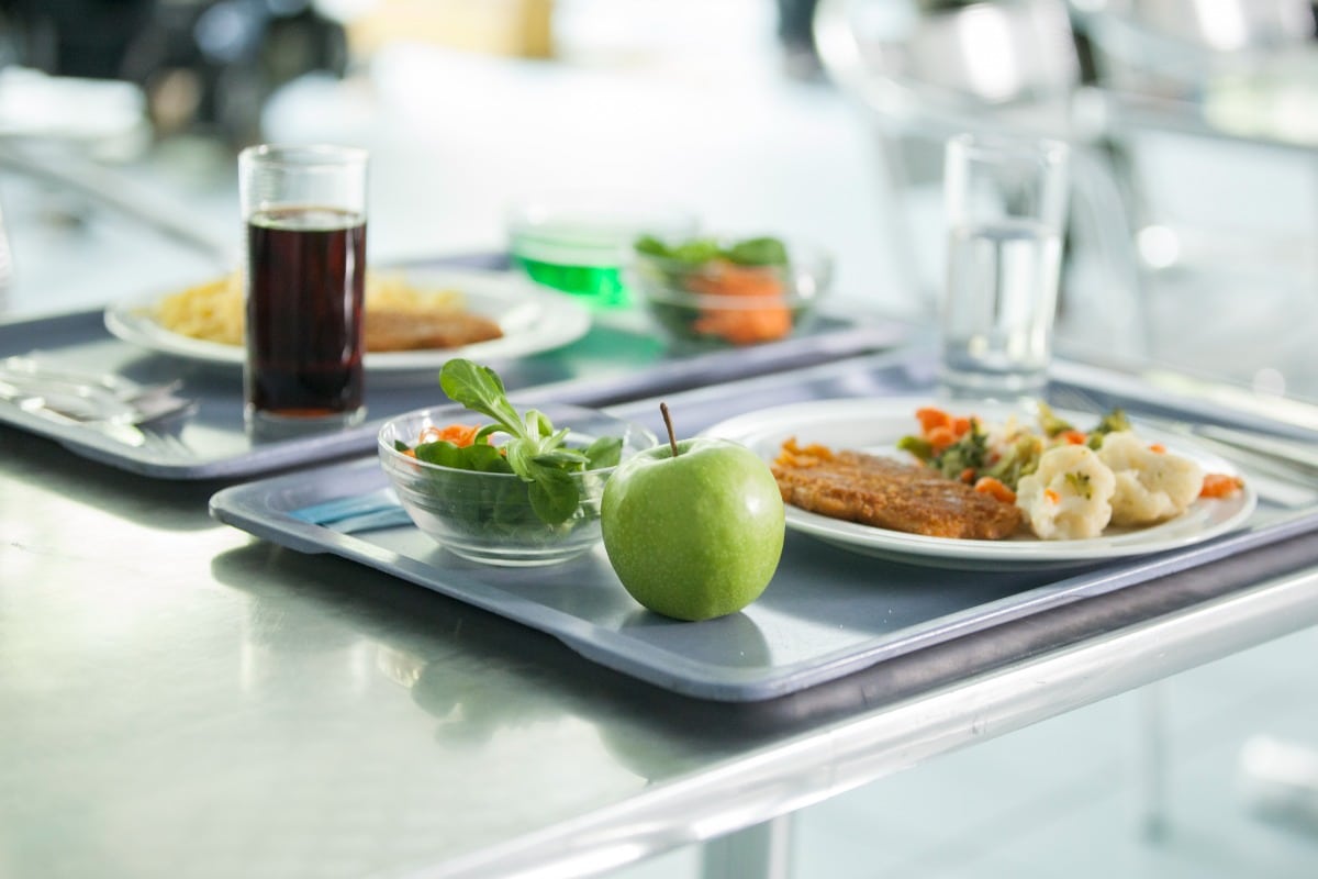 Deux plateaux contenant des repas de type cantine, chacun composé d'une assiette de nourriture, d'une salade, d'une pomme verte et de boissons, dont un verre rempli d'un liquide foncé et un verre d'eau, posés sur une table en métal brillant.