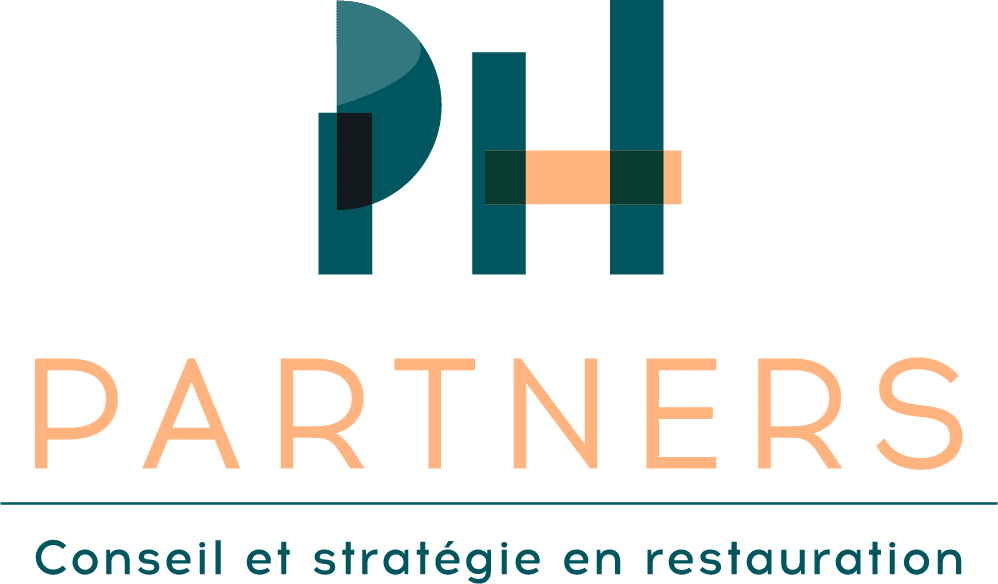 Logo comportant les lettres « PH » stylisées au-dessus du mot « PARTNERS » en couleur pêche, et la mention « Conseil et stratégie en restauration » en dessous, en bleu sarcelle, sur un fond clair.