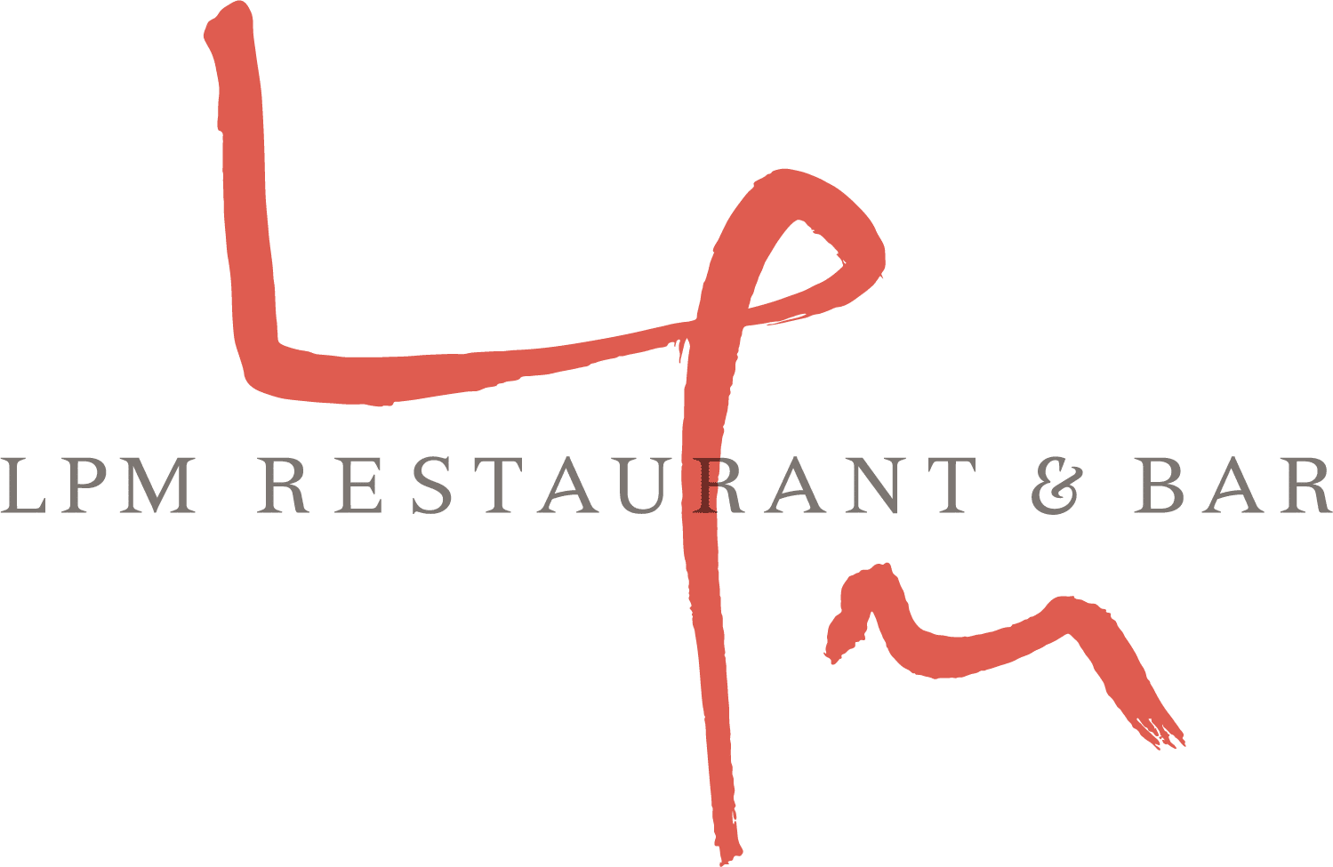 Les lettres « LPM » en calligraphie rouge au-dessus du texte gris « LPM RESTAURANT & BAR » sur un fond clair.