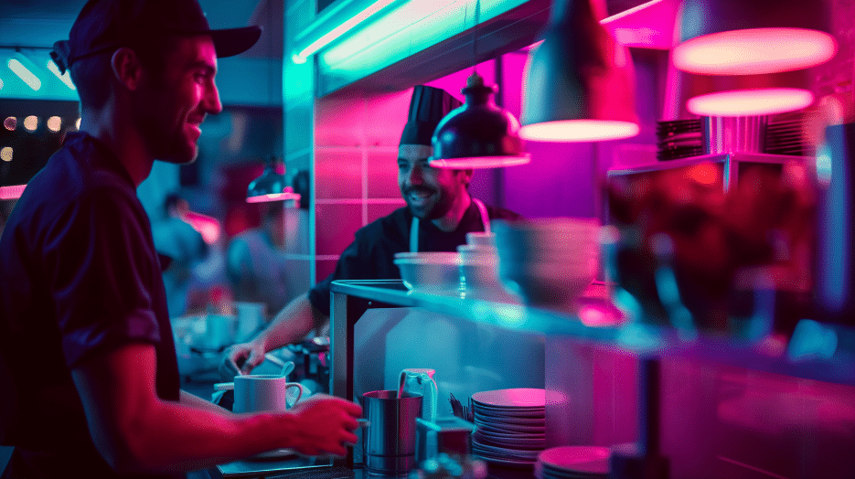Dans une cuisine baignée de lumières au néon, deux chefs sourient tout en préparant des plats, entourés de vaisselle et d'ustensiles, sous un éclairage rose et bleu éclatant.