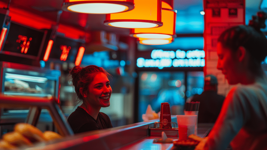 Une femme sourit en discutant avec une caissière dans un snack-bar très éclairé, orné de néons rouges. On aperçoit des plats et une boisson sur le comptoir, ce qui crée une ambiance animée et décontractée.