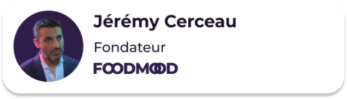 Fiche de profil avec la photo d'un homme en costume, portant la mention « Jérémy Cerceau, Fondateur, FOODMOOD ».