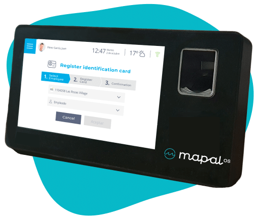 Un appareil électronique noir doté d'un écran tactile affichant un formulaire d'enregistrement de carte d'identité d'employé et d'un lecteur d'empreintes digitales à droite, avec le logo « mapal OS » en bas à droite.