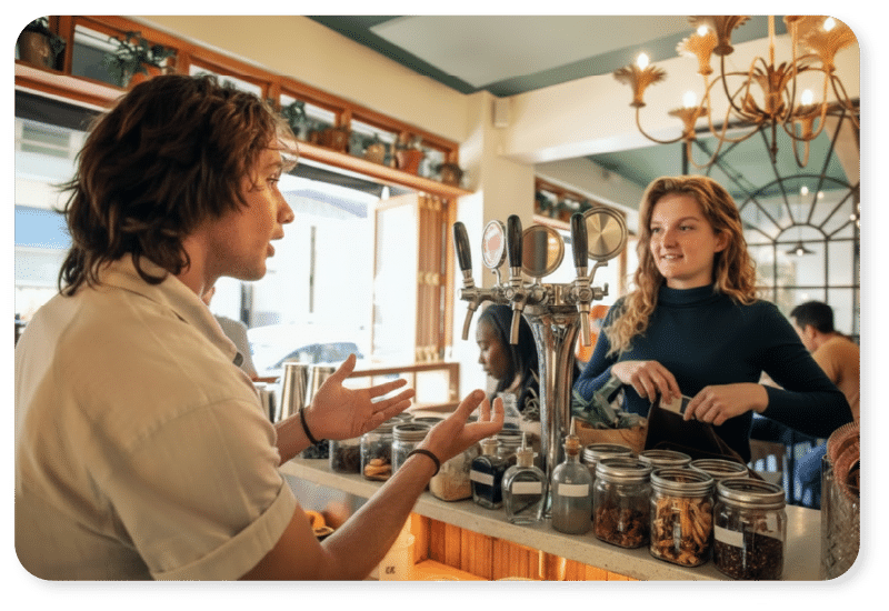 Un homme et une femme discutent au comptoir d'un café où sont alignés des bocaux. L'homme fait des gestes tandis que la femme sourit et fouille dans son sac. D'autres personnes sont assises et discutent dans un décor lumineux et chaleureux en arrière-plan.