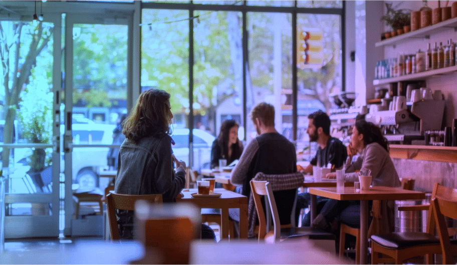Les clients sont assis à des tables en bois, discutant et buvant un verre dans un café chaleureux doté de grandes baies vitrées. La lumière du soleil inonde l'intérieur, et des étagères remplies de bouteilles et de tasses s'alignent le long du mur derrière le comptoir. On aperçoit des arbres et des voitures à l'extérieur.