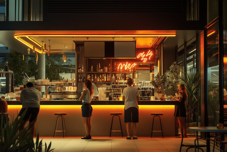Des clients se tiennent debout dans un bar en plein air au style moderne, éclairé par des néons orange, et commandent des boissons. Des bouteilles sont disposées sur des étagères derrière le comptoir. L'ambiance est animée et la scène se déroule en soirée.