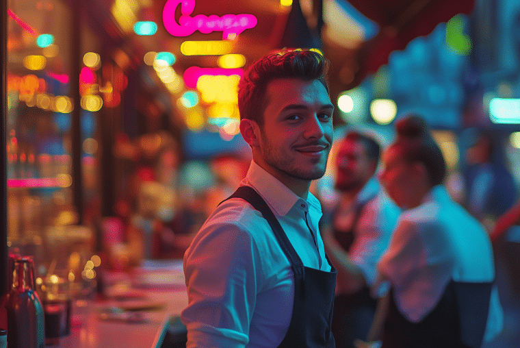 Un jeune homme en tablier sourit à la caméra, debout dans un bar ou un café en terrasse, coloré et bien éclairé, en pleine nuit. Les enseignes au néon et les gens qui discutent en arrière-plan créent une ambiance urbaine animée.