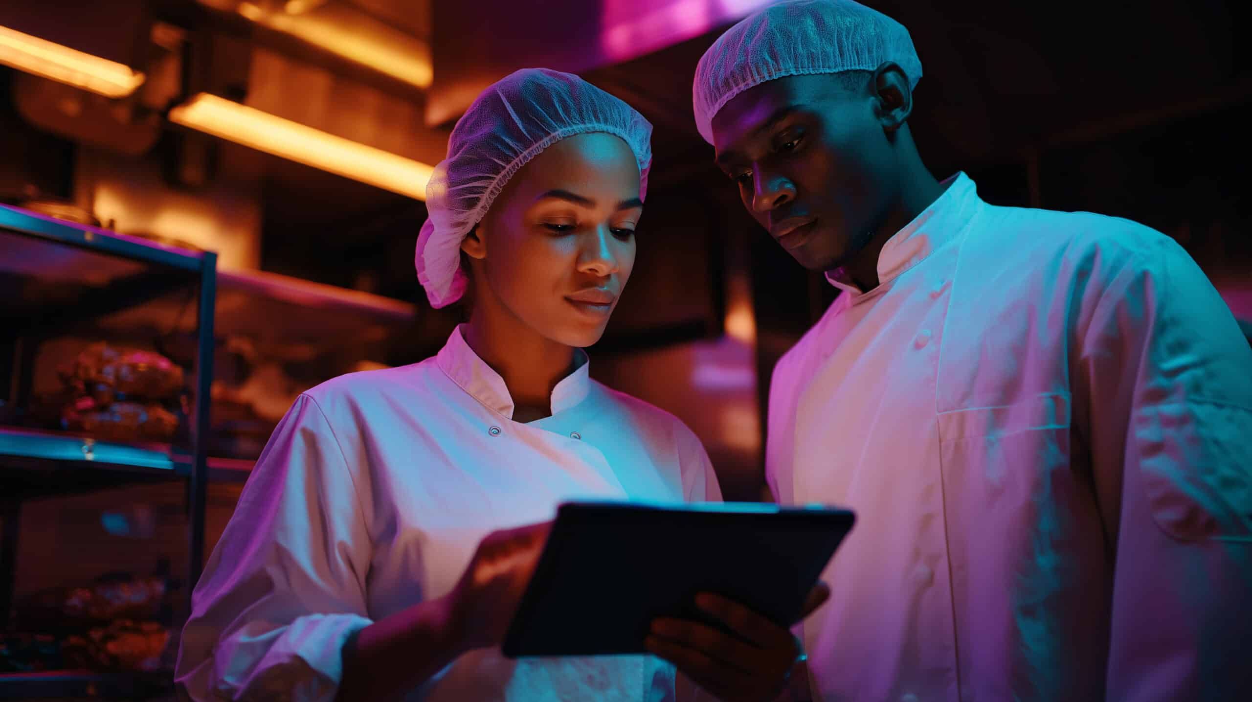 Deux chefs, vêtus de blouses blanches et de filets à cheveux, se tiennent côte à côte dans une cuisine, les yeux rivés sur l'écran d'une tablette sous un éclairage coloré. On aperçoit à l'arrière-plan des étagères remplies de produits alimentaires.
